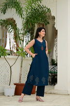 Blue Color 2-Piece Cord Set with Heavy Thread & Mirror Work