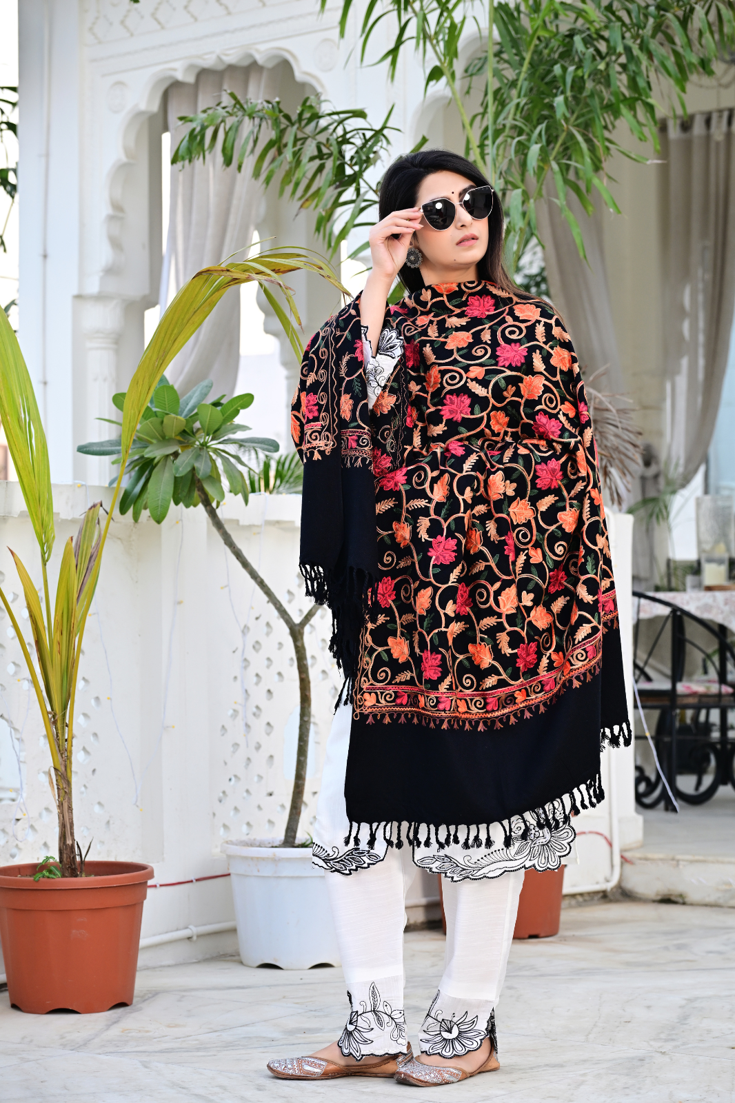 Elevate Your Style with Our Premium Black Shawl Featuring Artistic Patterns