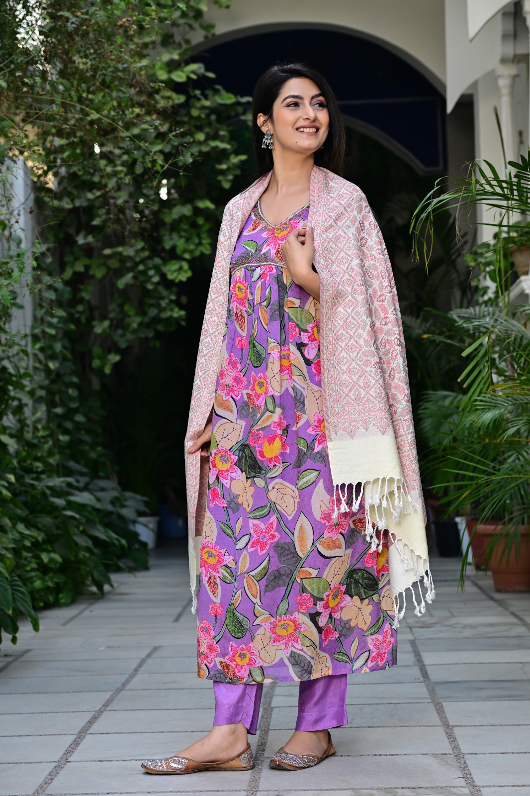 Soft Pastel Shawl with Floral & Geometric Weaving