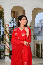 Red Cotton 3-Piece Suit Set with Heavy Embroidery & Organza Dupatta