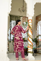 Wine Pure Cotton 3-Piece Suit Set with Designer Embroidered Neck