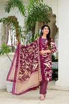 Wine Pure Cotton 3-Piece Suit Set with Designer Embroidered Neck