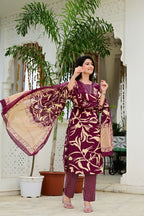 Wine Pure Cotton 3-Piece Suit Set with Designer Embroidered Neck