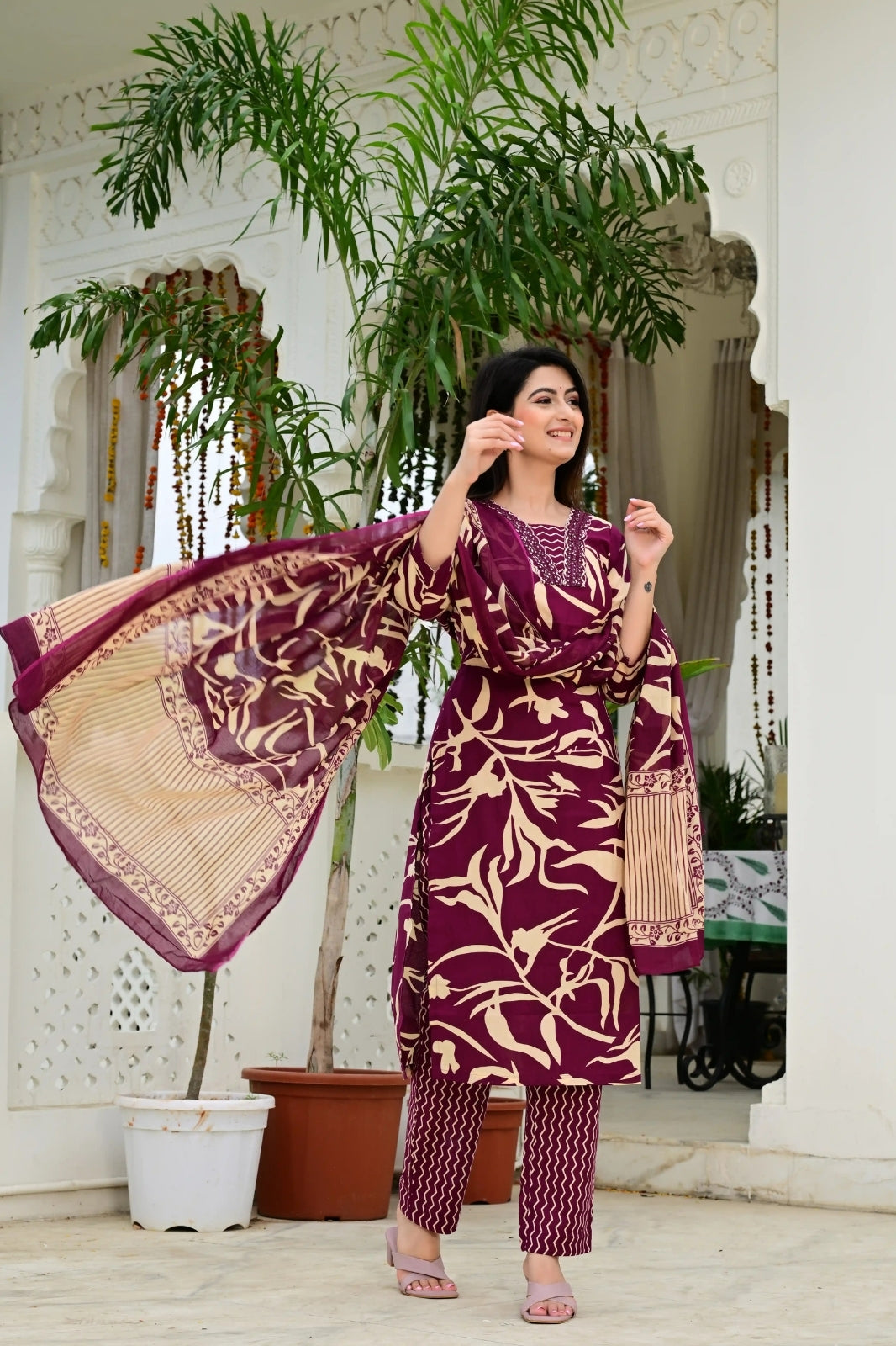 Wine Pure Cotton 3-Piece Suit Set with Designer Embroidered Neck