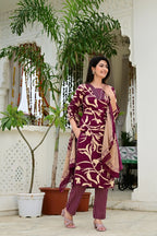 Wine Pure Cotton 3-Piece Suit Set with Designer Embroidered Neck