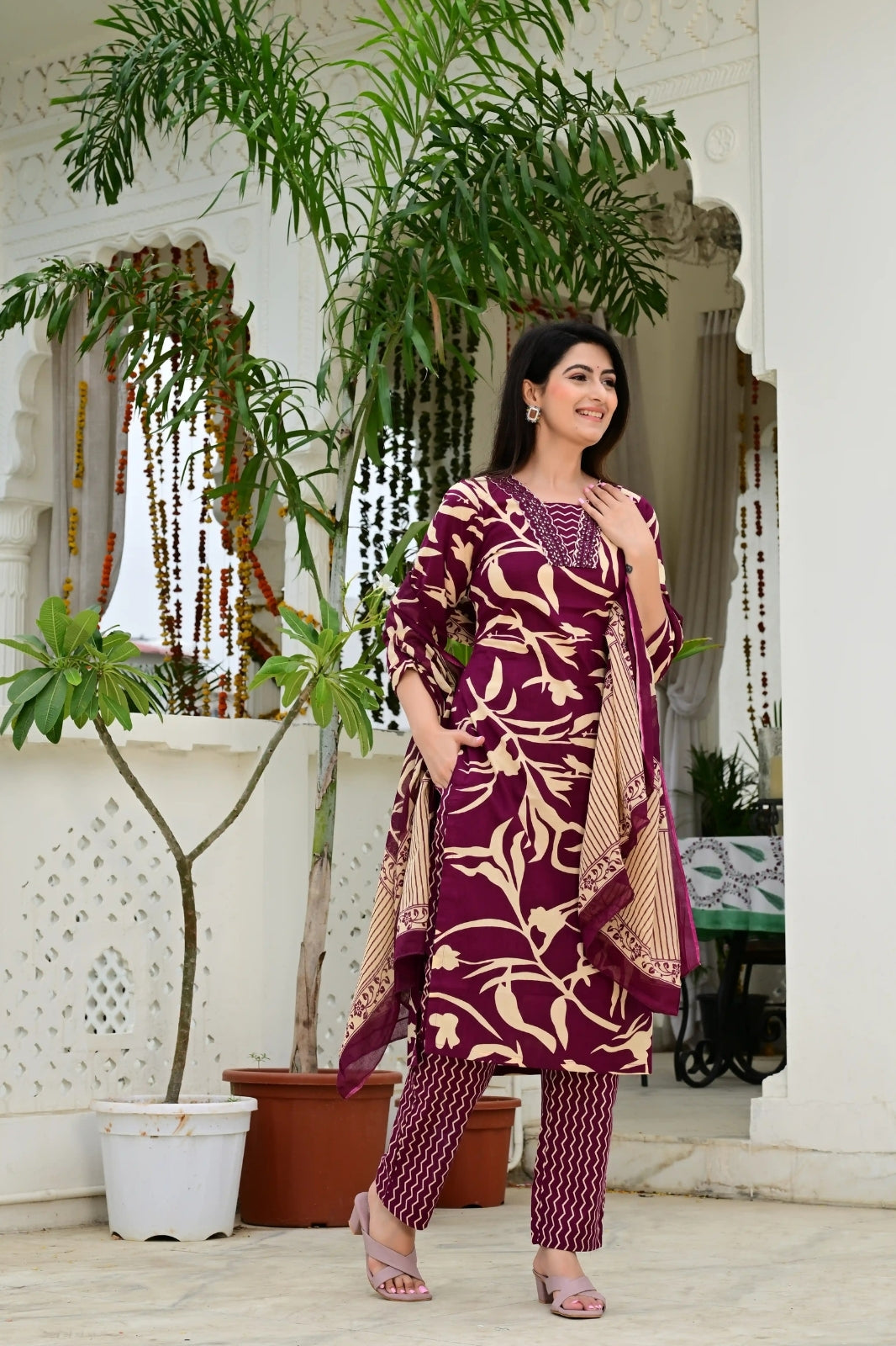 Wine Pure Cotton 3-Piece Suit Set with Designer Embroidered Neck