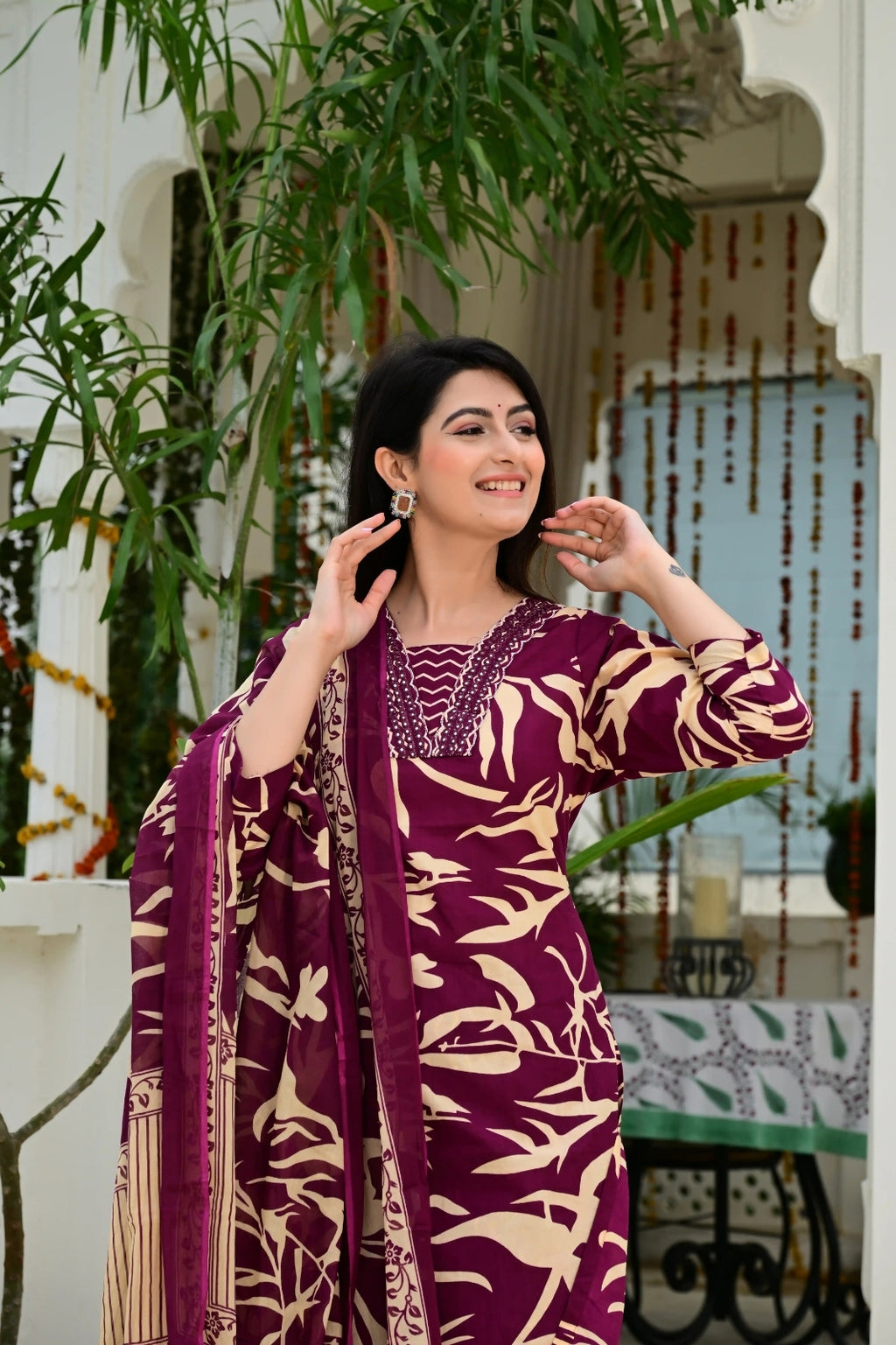 Wine Pure Cotton 3-Piece Suit Set with Designer Embroidered Neck