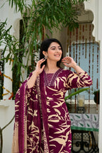 Wine Pure Cotton 3-Piece Suit Set with Designer Embroidered Neck