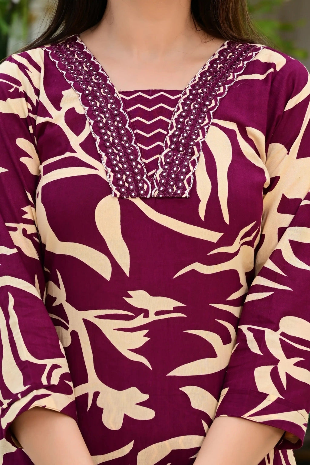 Wine Pure Cotton 3-Piece Suit Set with Designer Embroidered Neck