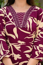 Wine Pure Cotton 3-Piece Suit Set with Designer Embroidered Neck