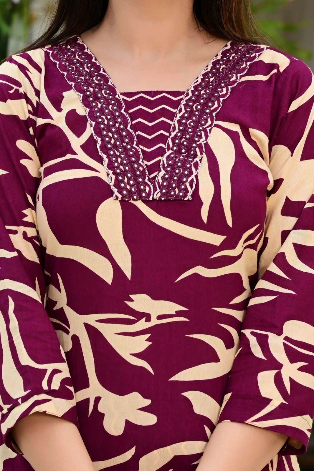 Wine Pure Cotton 3-Piece Suit Set with Designer Embroidered Neck