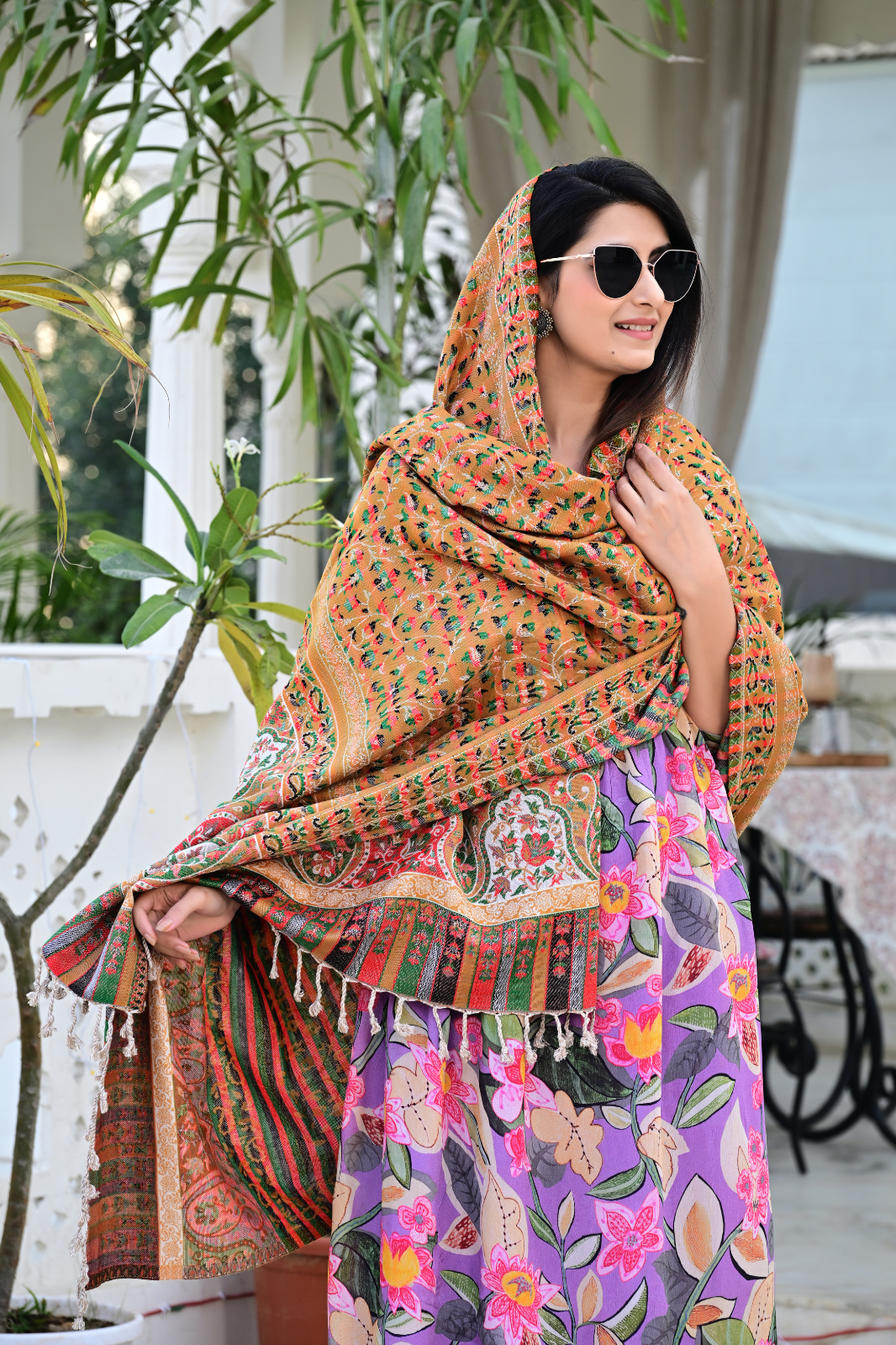 Traditional Woven Shawl with Vibrant Floral Motifs & Festive Colors
