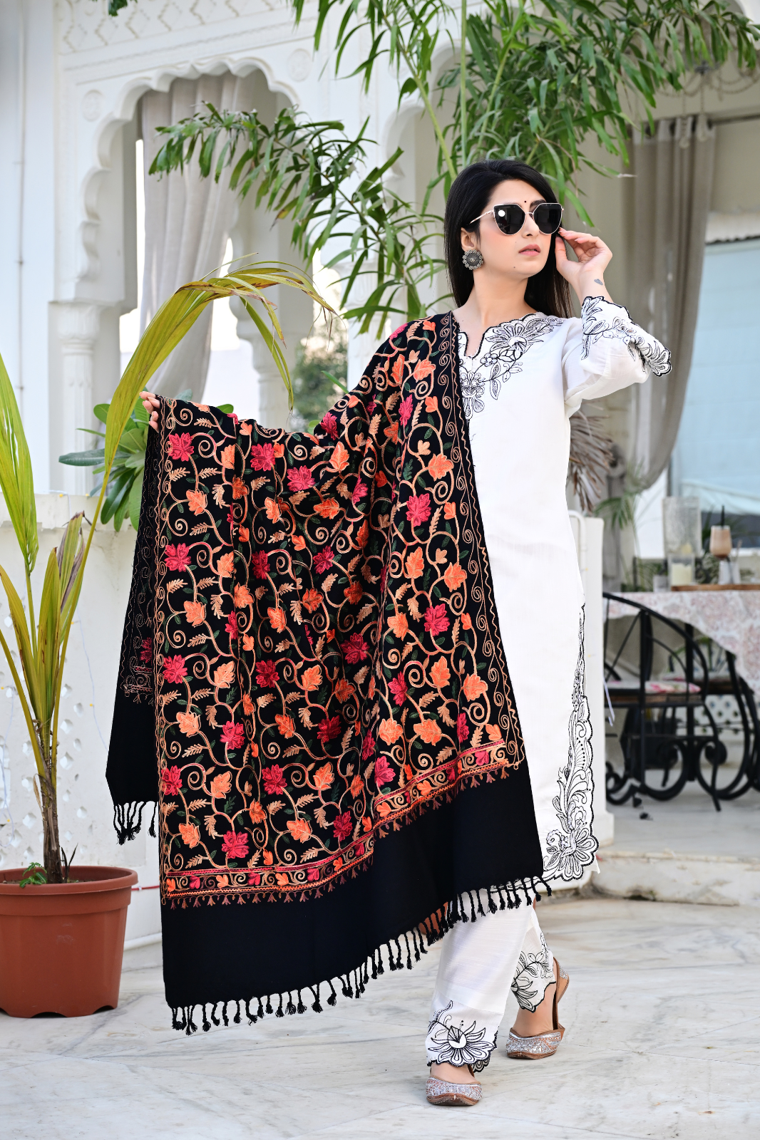 Elevate Your Style with Our Premium Black Shawl Featuring Artistic Patterns