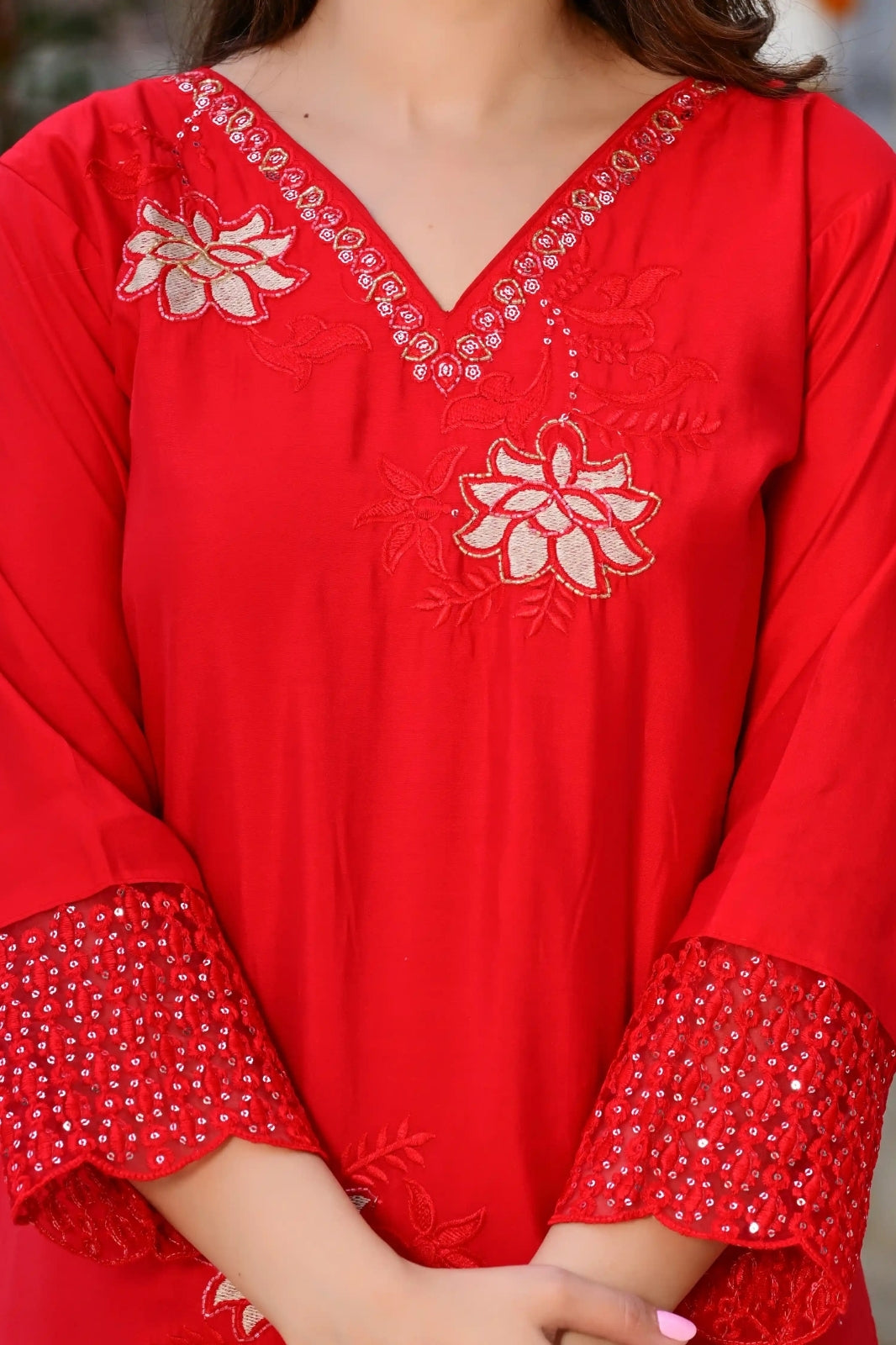 Red Cotton 3-Piece Suit Set with Heavy Embroidery & Organza Dupatta