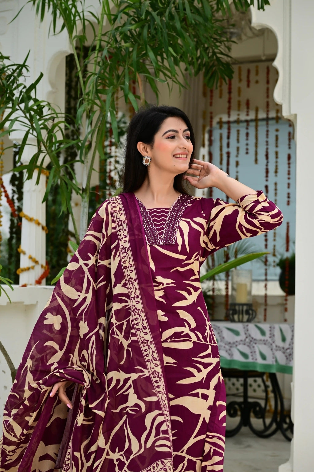 Wine Pure Cotton 3-Piece Suit Set with Designer Embroidered Neck