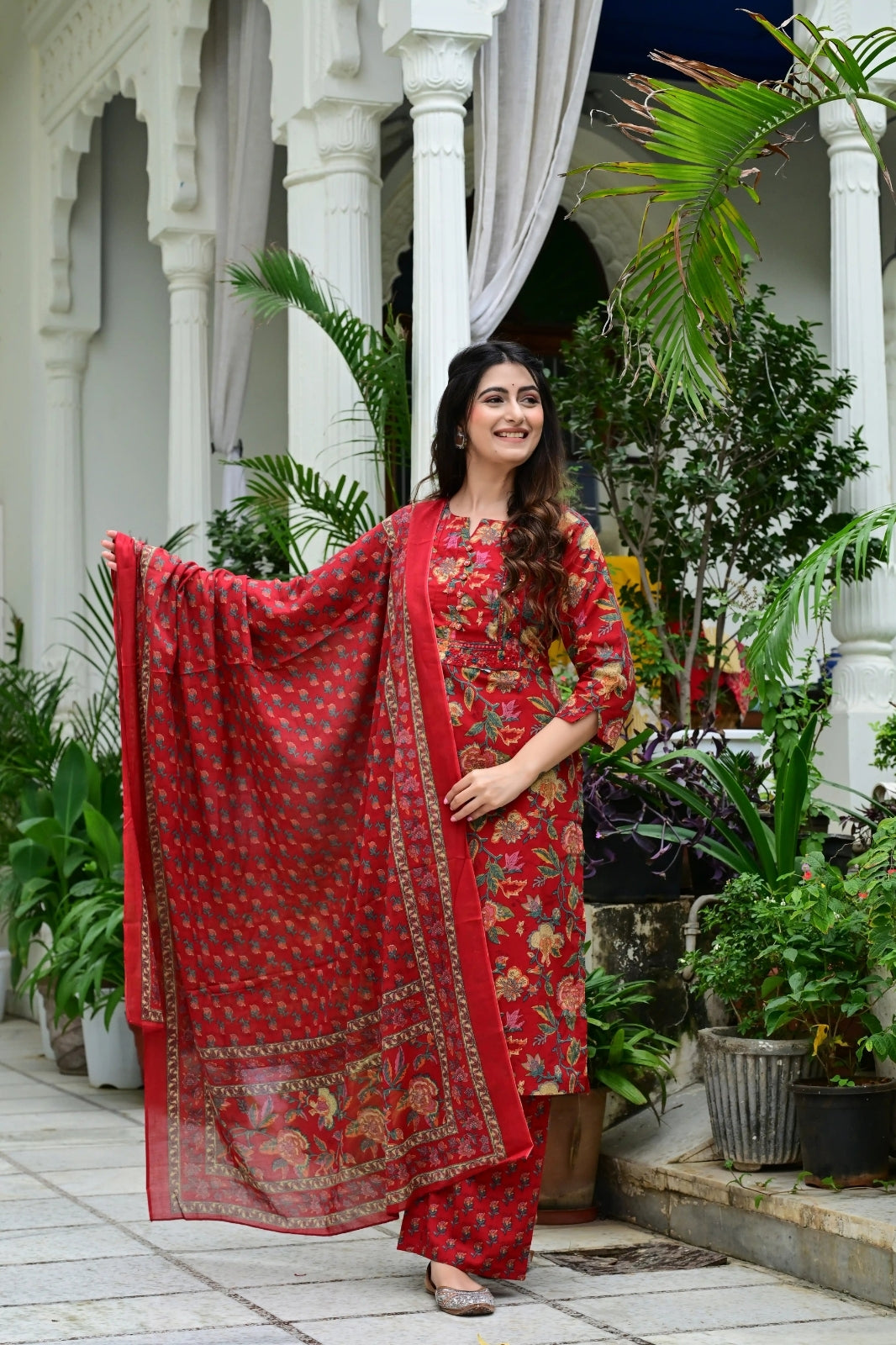 Mehroon Pure Mal Cotton 3-Piece Suit Set with Heavy Embroidery