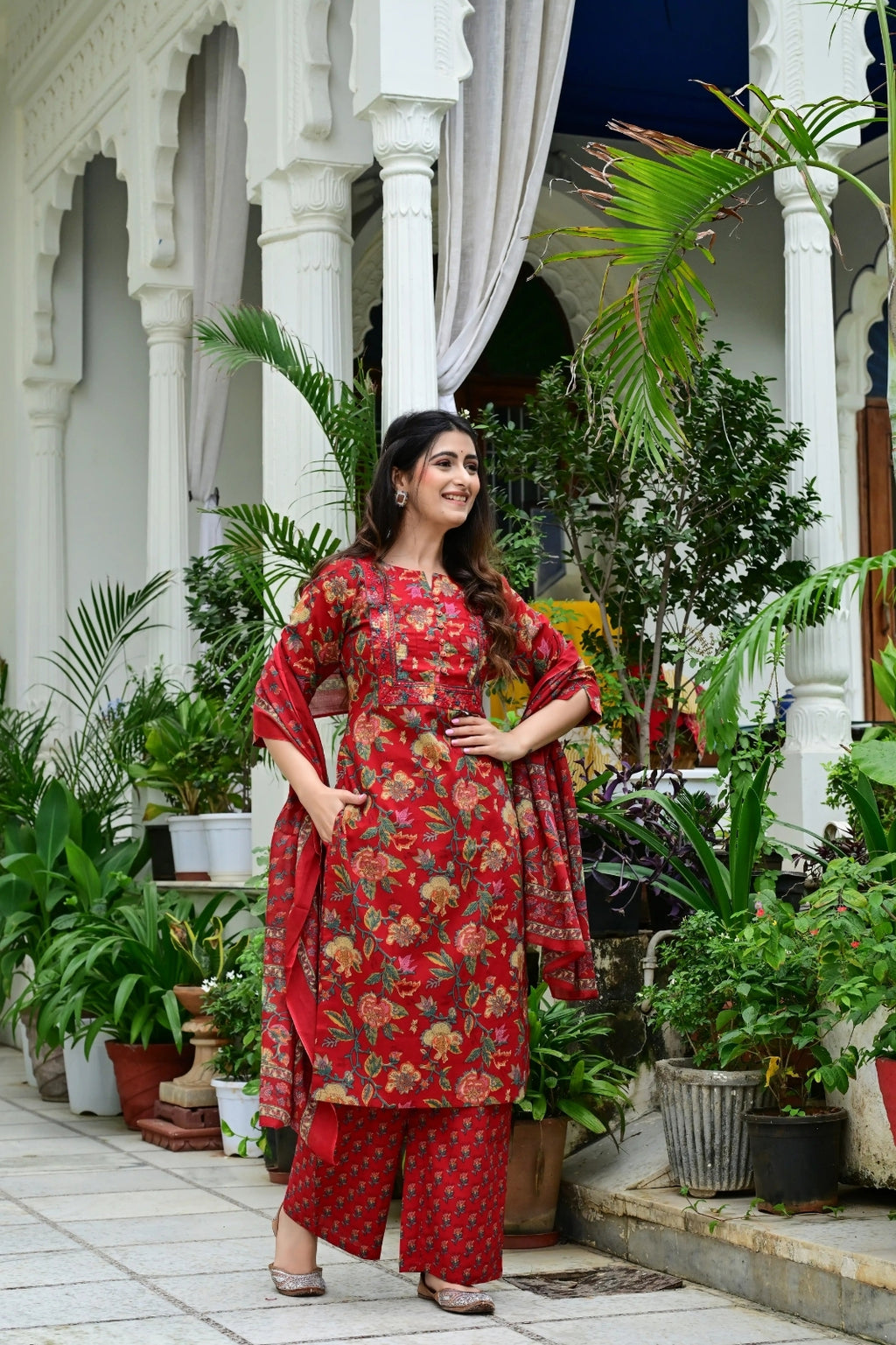 Mehroon Pure Mal Cotton 3-Piece Suit Set with Heavy Embroidery