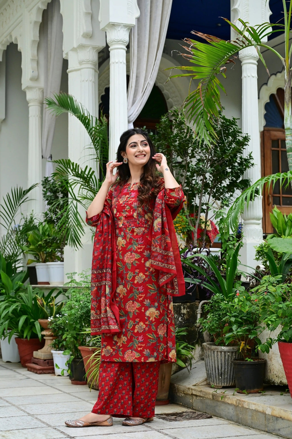 Mehroon Pure Mal Cotton 3-Piece Suit Set with Heavy Embroidery