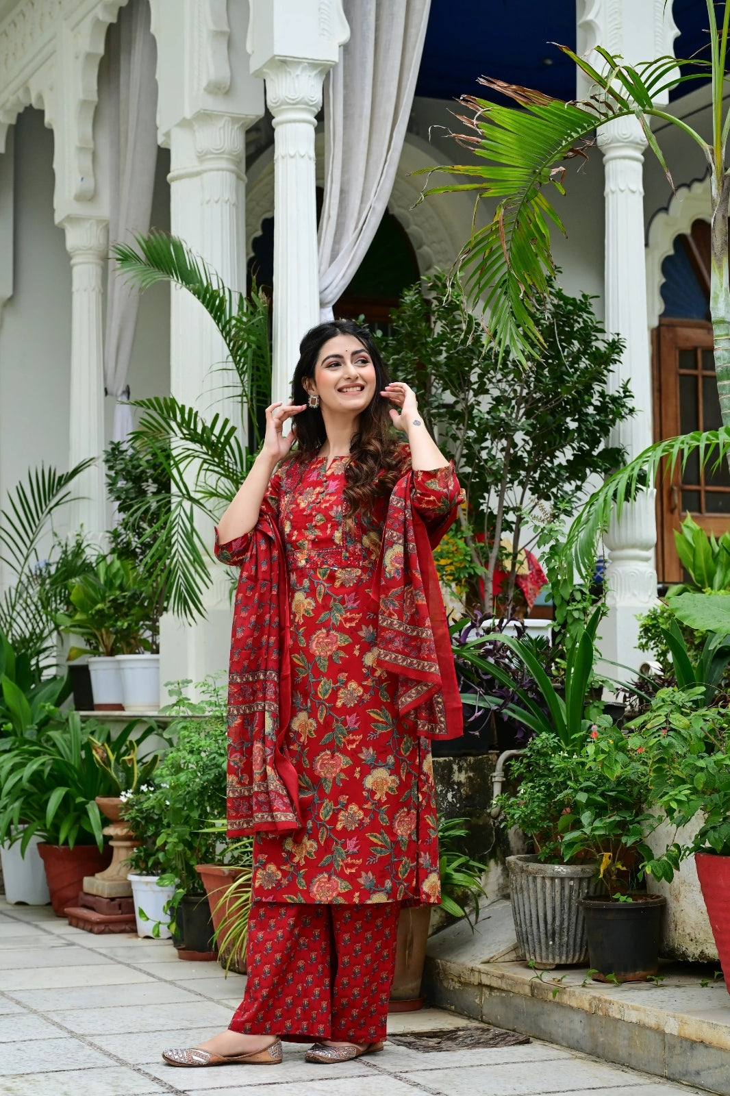 Mehroon Pure Mal Cotton 3-Piece Suit Set with Heavy Embroidery