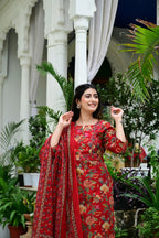 Mehroon Pure Mal Cotton 3-Piece Suit Set with Heavy Embroidery