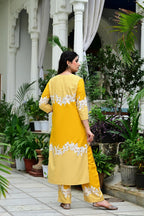 Yellow Rayon 2-Piece Cord Set with Floral White Print & Moti Work