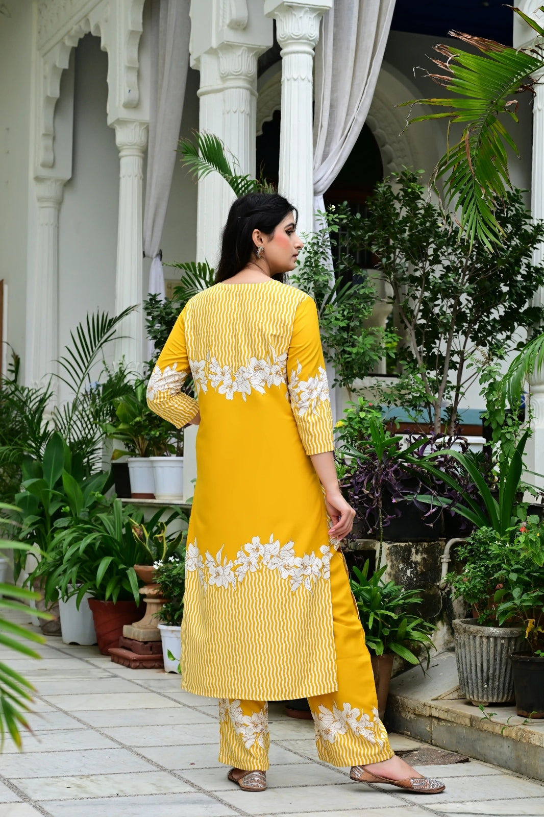 Yellow Rayon 2-Piece Cord Set with Floral White Print & Moti Work