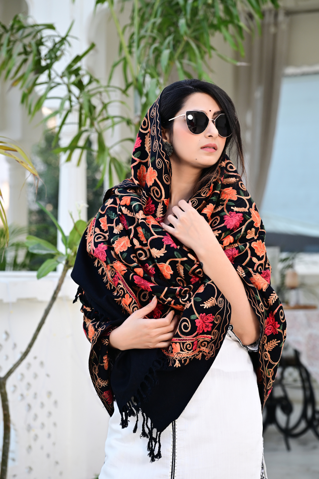 Elevate Your Style with Our Premium Black Shawl Featuring Artistic Patterns