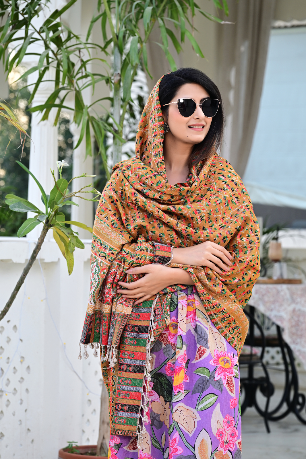 Traditional Woven Shawl with Vibrant Floral Motifs & Festive Colors