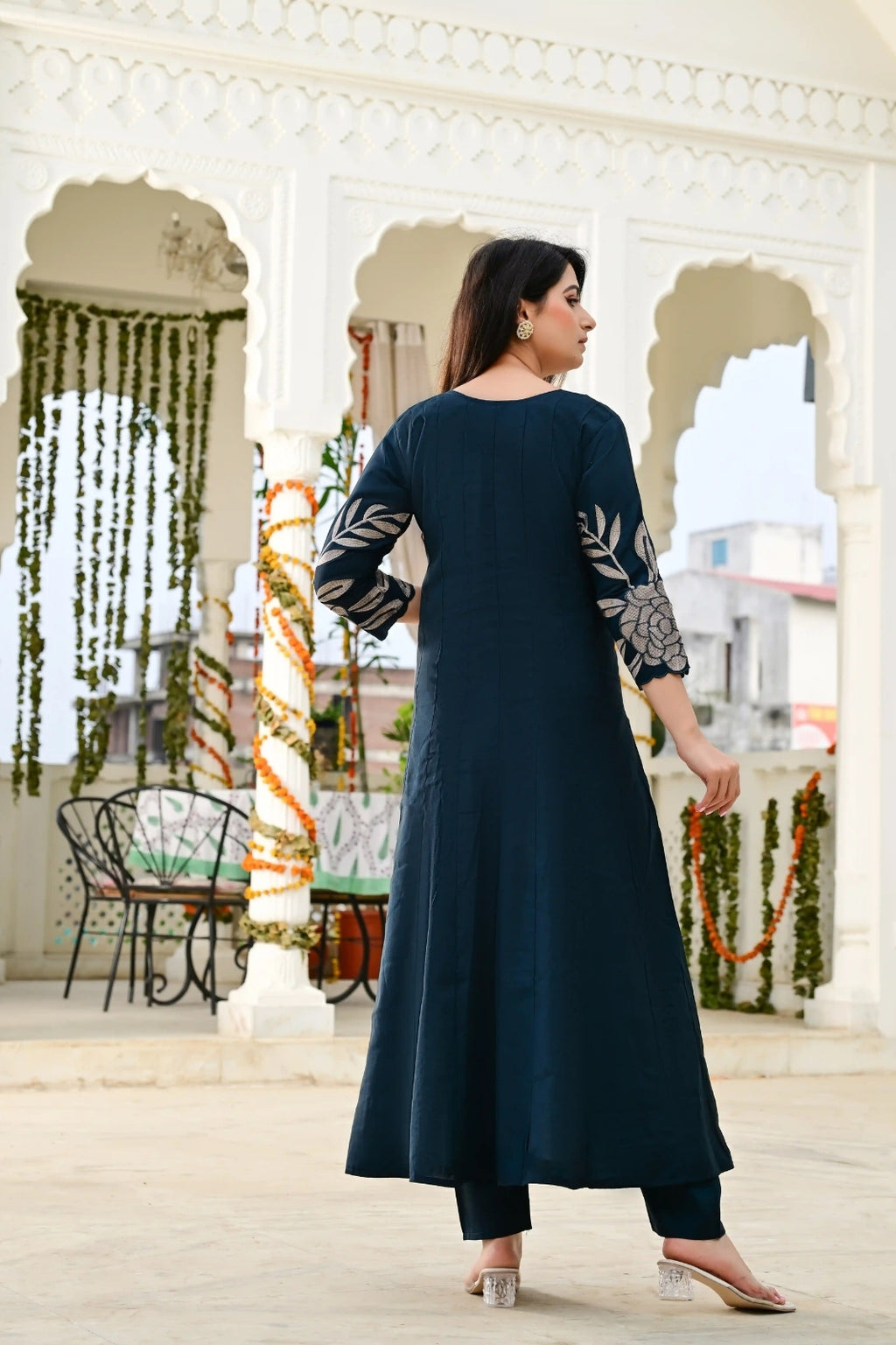 Bottle Green Cotton Silk 3-Piece Frock Suit with Heavy Flare & Embroidered Dupatta