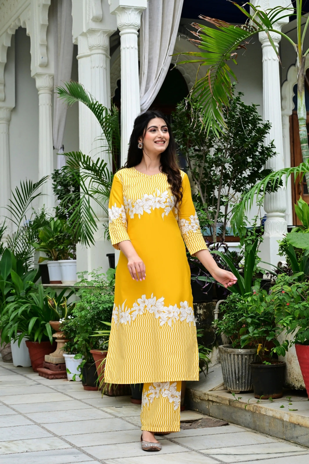 Yellow Rayon 2-Piece Cord Set with Floral White Print & Moti Work