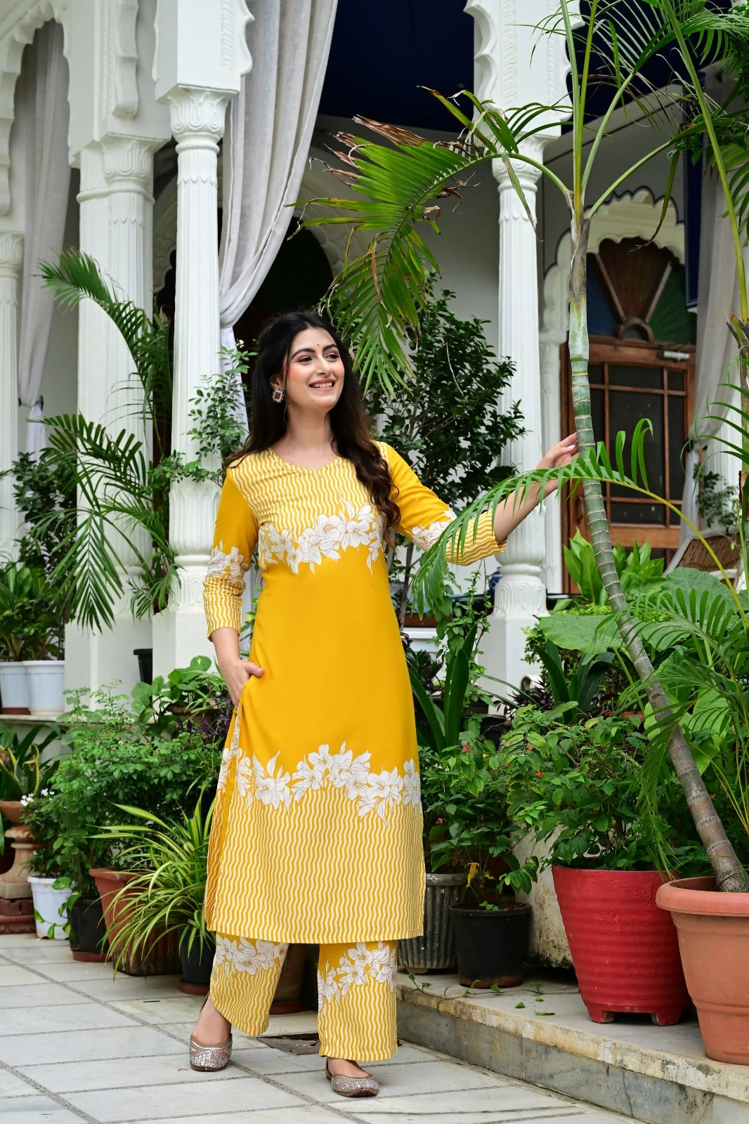 Yellow Rayon 2-Piece Cord Set with Floral White Print & Moti Work