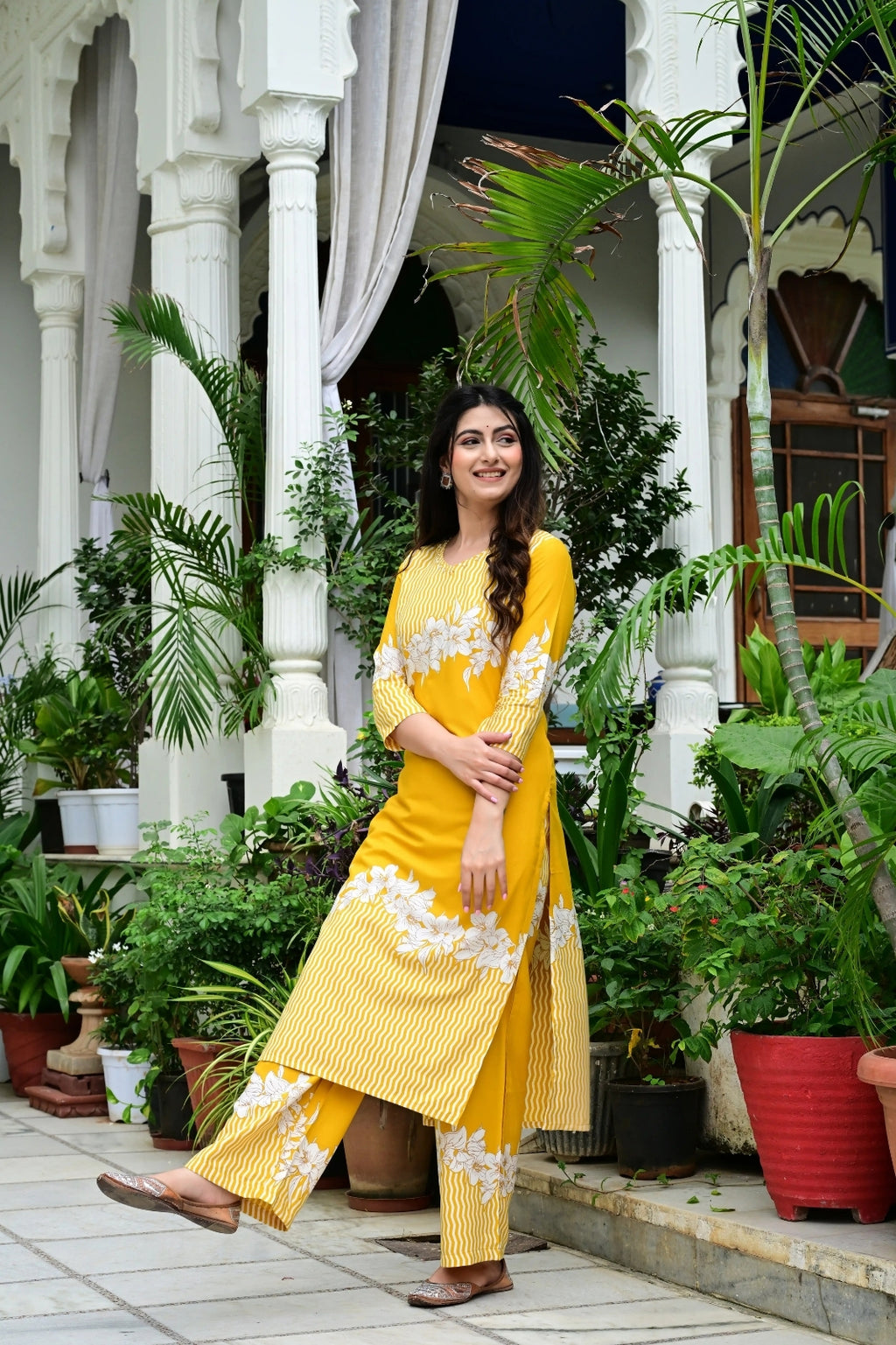 Yellow Rayon 2-Piece Cord Set with Floral White Print & Moti Work