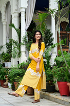 Yellow Rayon 2-Piece Cord Set with Floral White Print & Moti Work