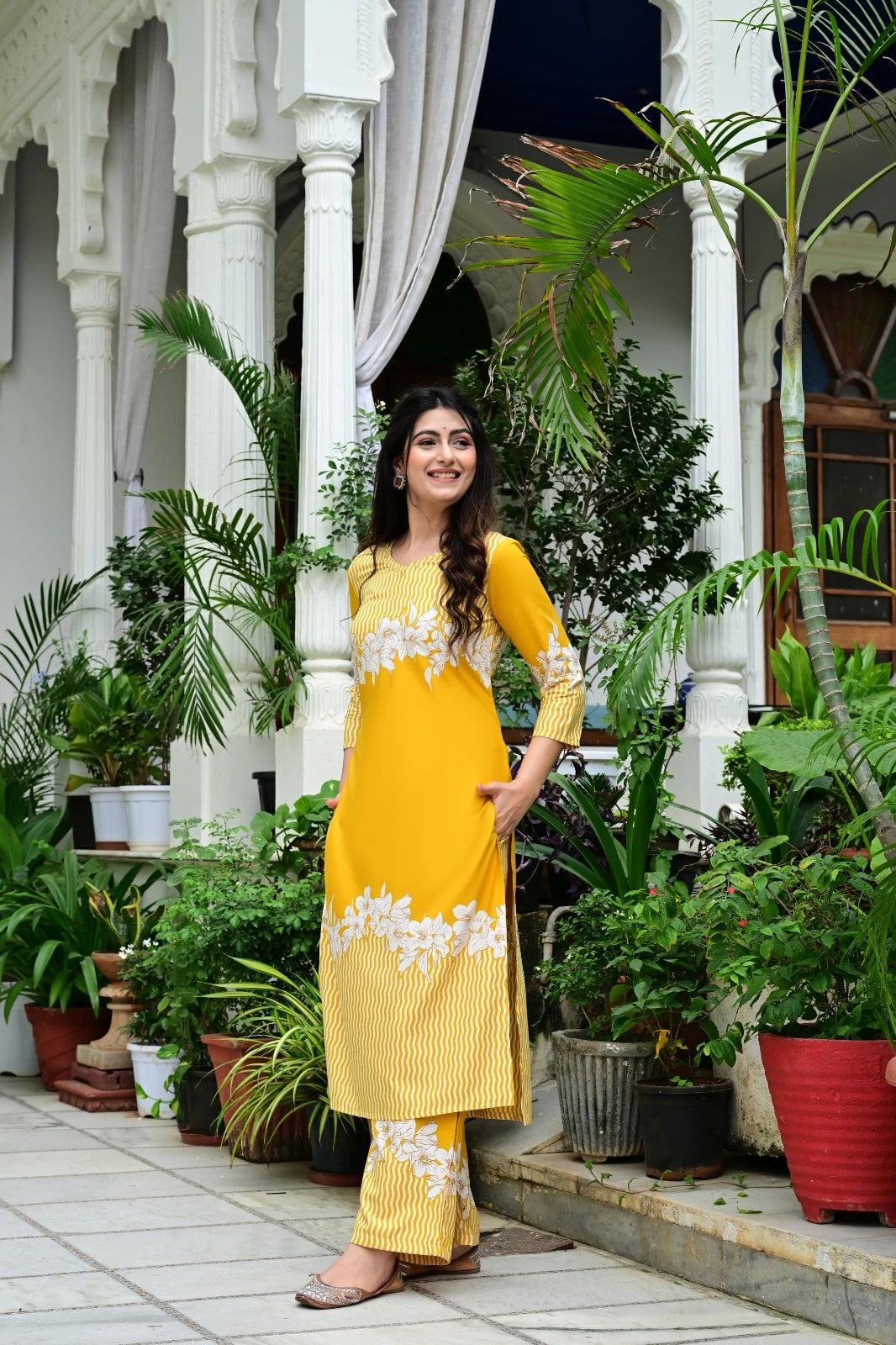 Yellow Rayon 2-Piece Cord Set with Floral White Print & Moti Work