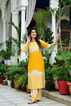 Yellow Rayon 2-Piece Cord Set with Floral White Print & Moti Work