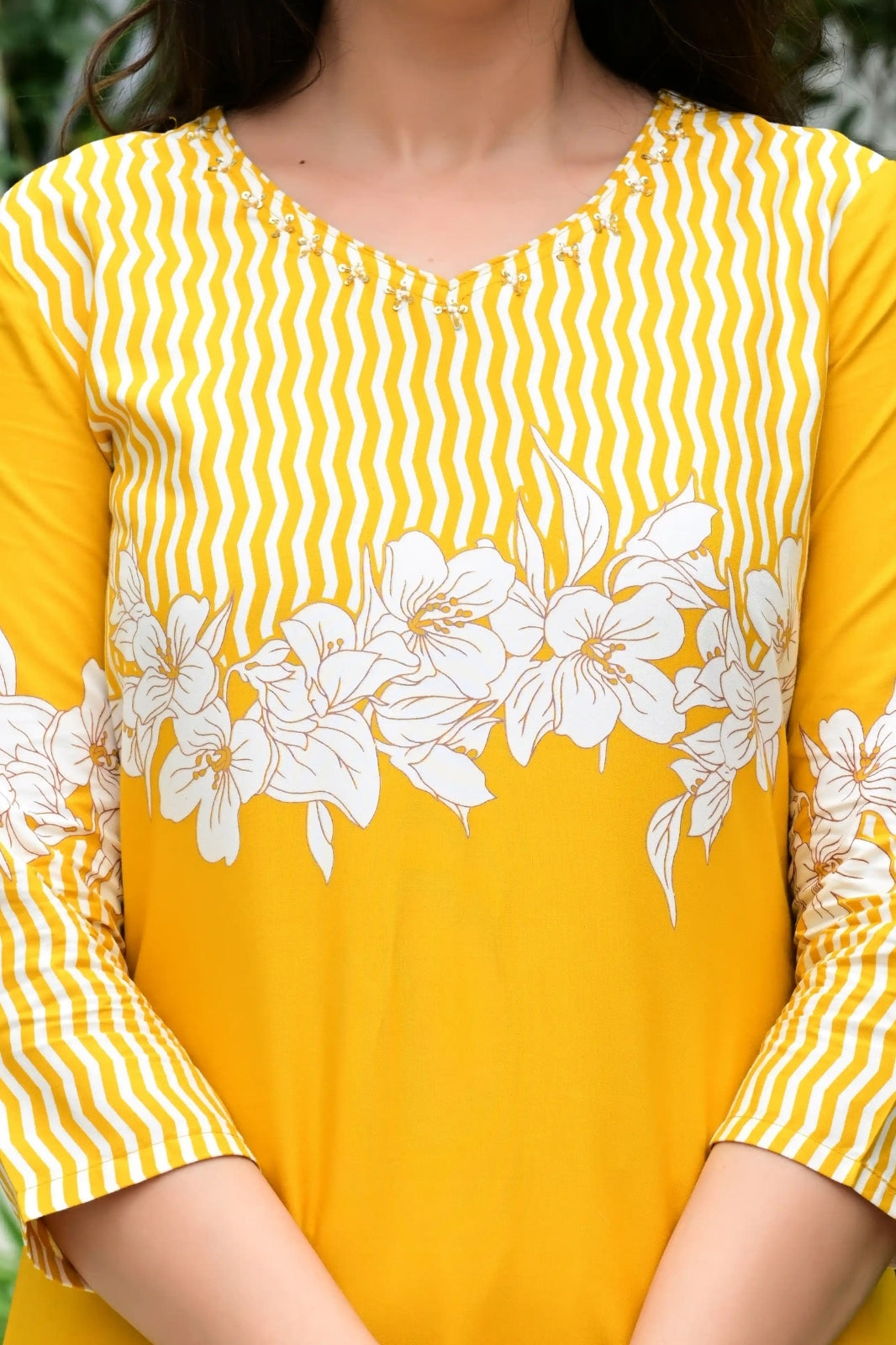 Yellow Rayon 2-Piece Cord Set with Floral White Print & Moti Work