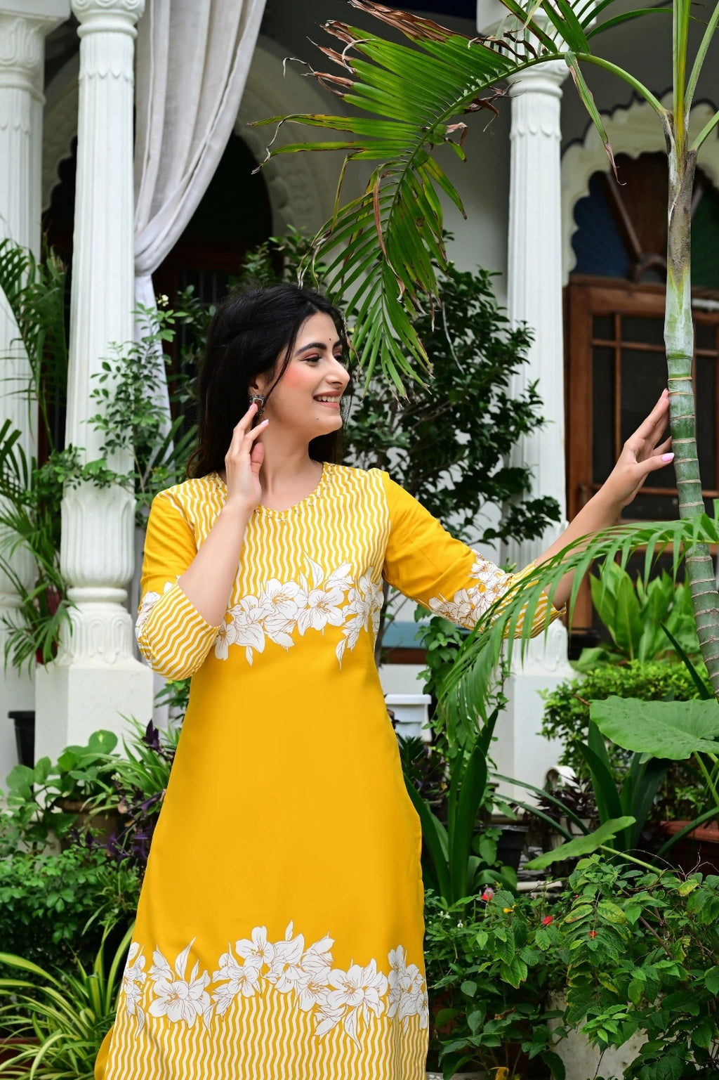 Yellow Rayon 2-Piece Cord Set with Floral White Print & Moti Work