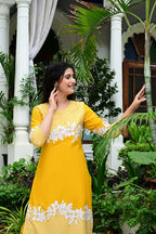 Yellow Rayon 2-Piece Cord Set with Floral White Print & Moti Work