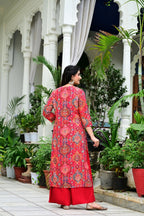 Red Heavy Rayon 2-Piece Suit Set with Gold Print & Handworked Neck
