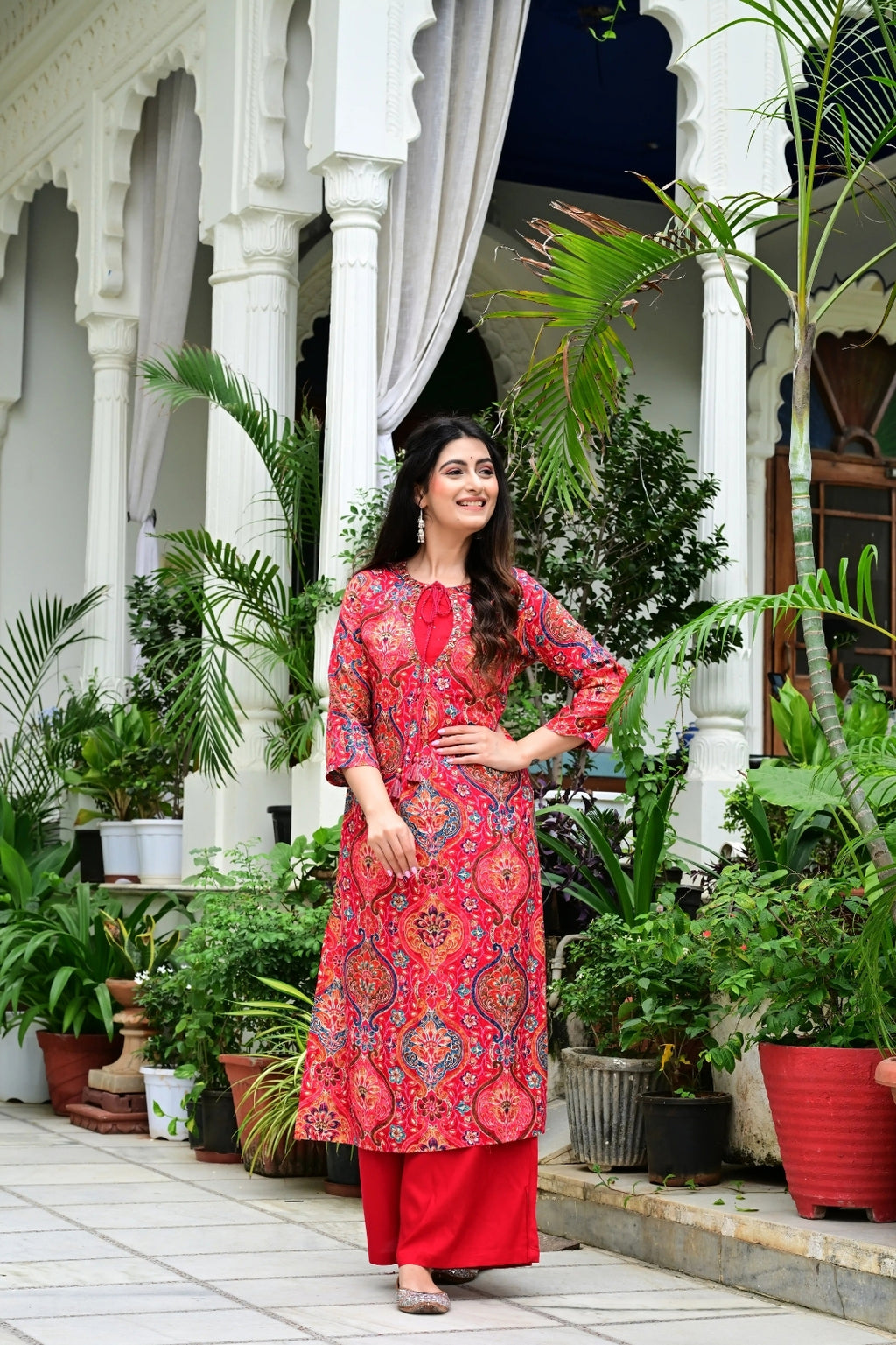 Red Heavy Rayon 2-Piece Suit Set with Gold Print & Handworked Neck