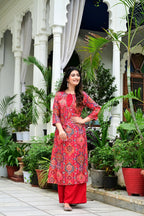 Red Heavy Rayon 2-Piece Suit Set with Gold Print & Handworked Neck