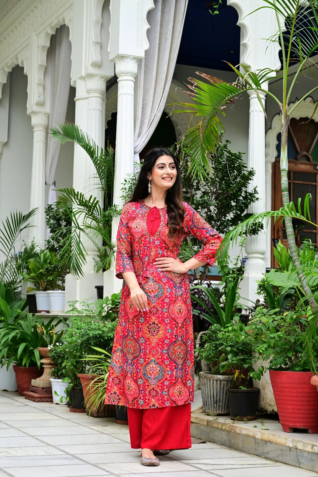 Red Heavy Rayon 2-Piece Suit Set with Gold Print & Handworked Neck