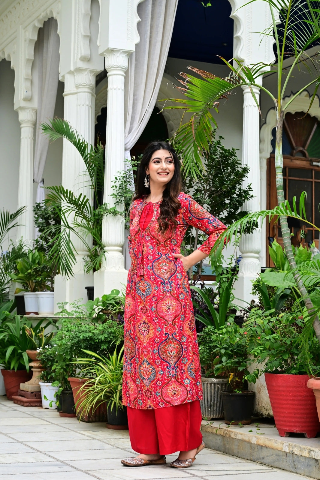 Red Heavy Rayon 2-Piece Suit Set with Gold Print & Handworked Neck