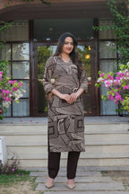 Brown Printed 3 Pcs Suit Set with Geometric Patterns