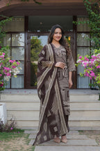 Brown Printed 3 Pcs Suit Set with Geometric Patterns