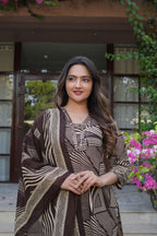 Brown Printed 3 Pcs Suit Set with Geometric Patterns