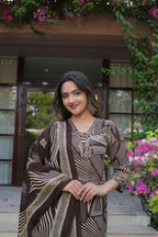 Brown Printed 3 Pcs Suit Set with Geometric Patterns