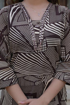 Brown Printed 3 Pcs Suit Set with Geometric Patterns