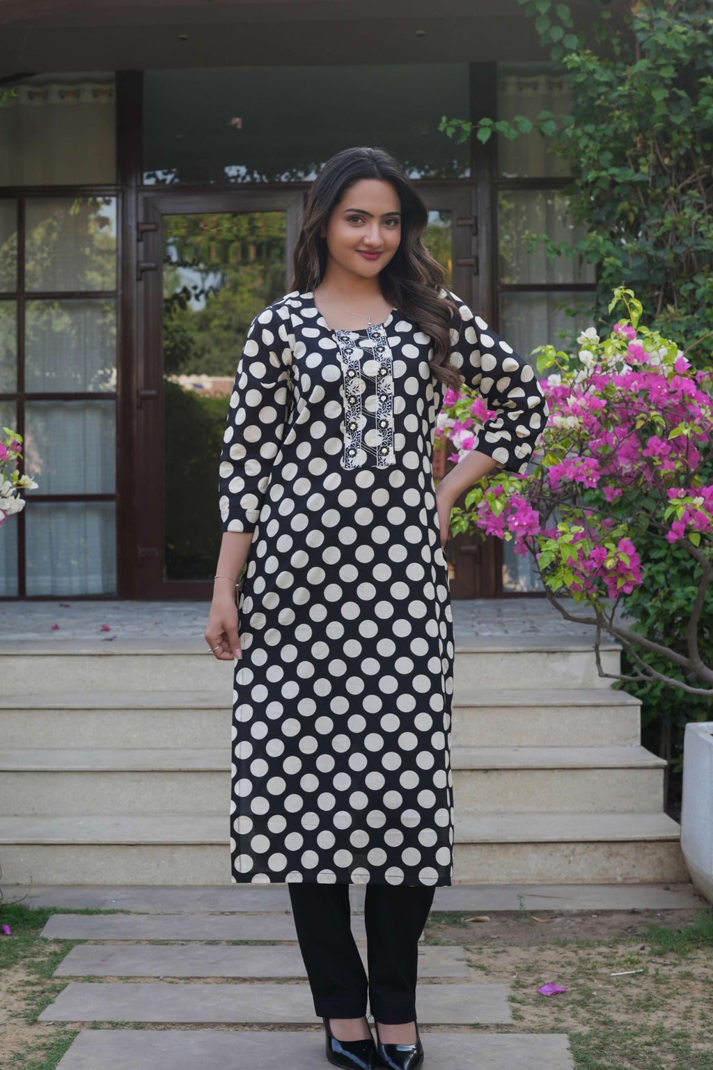 2 PCS Black Polka Dot Printed Kurta Set