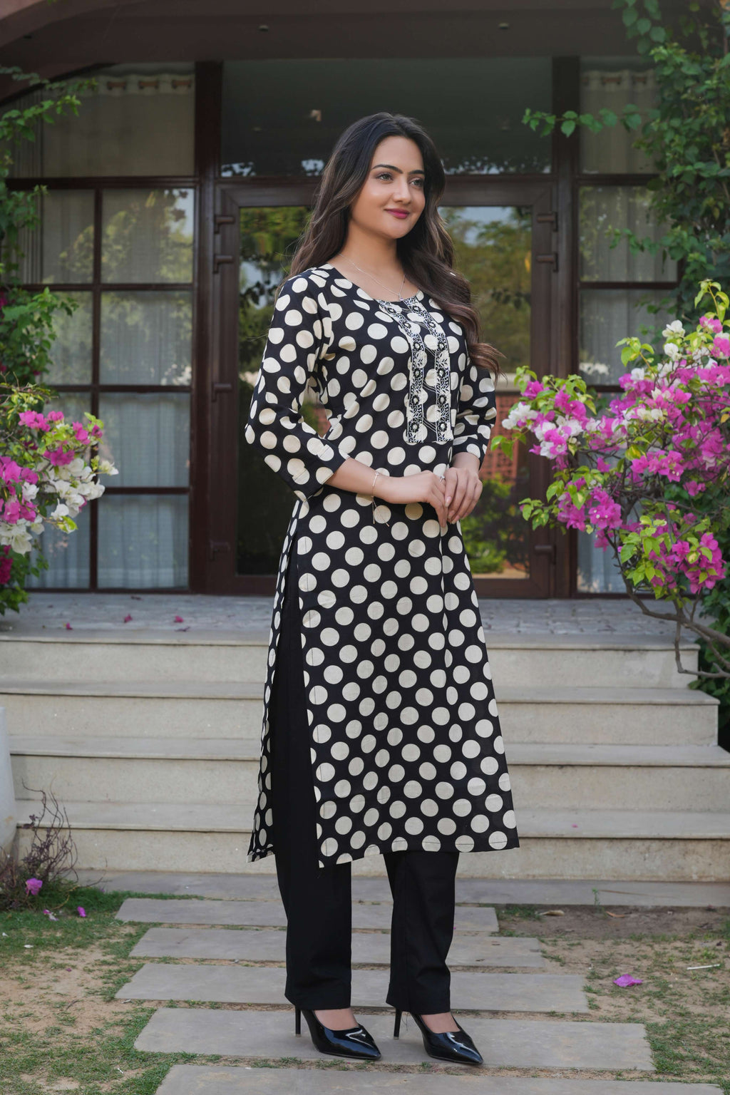 2 PCS Black Polka Dot Printed Kurta Set